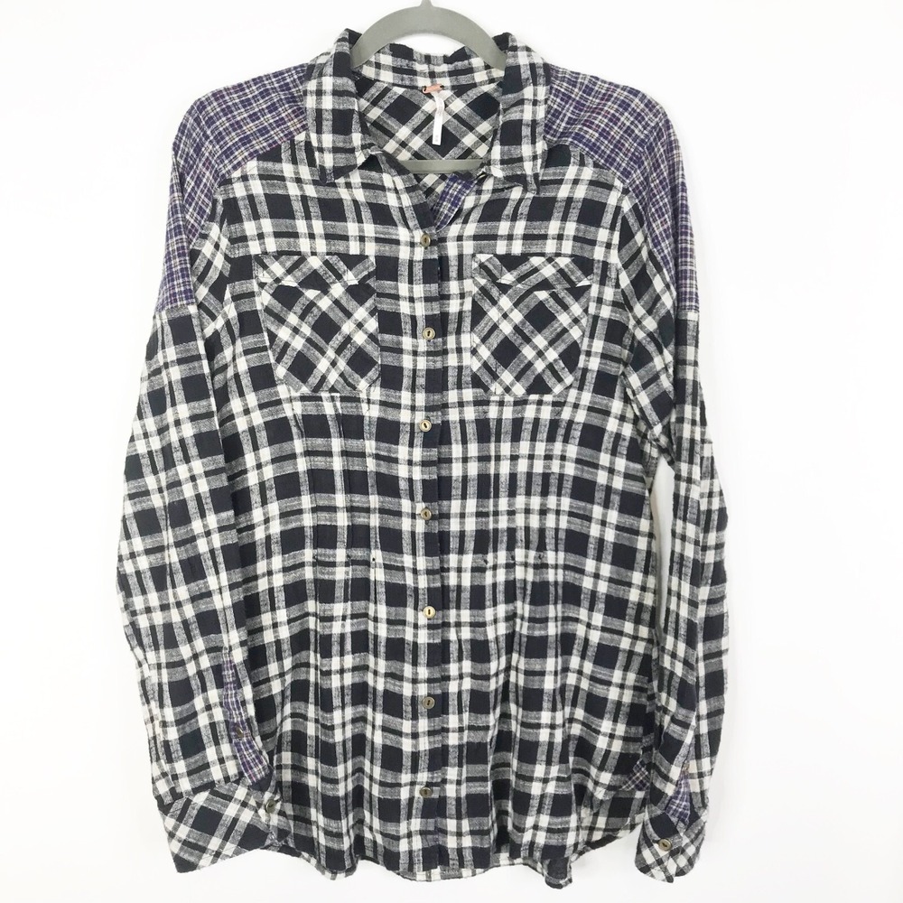 Free People Top Womens Medium Black White Plaid Colorblock Flannel Button Up